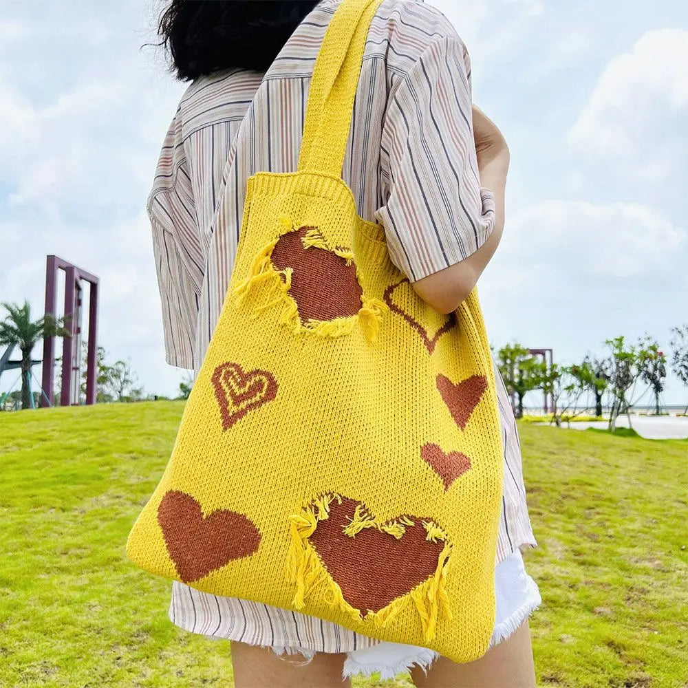 Heart Print Crochet Hobo Knitting Handbags Totes Shoulder Bags