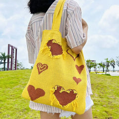 Heart Print Crochet Hobo Knitting Handbags Totes Shoulder Bags