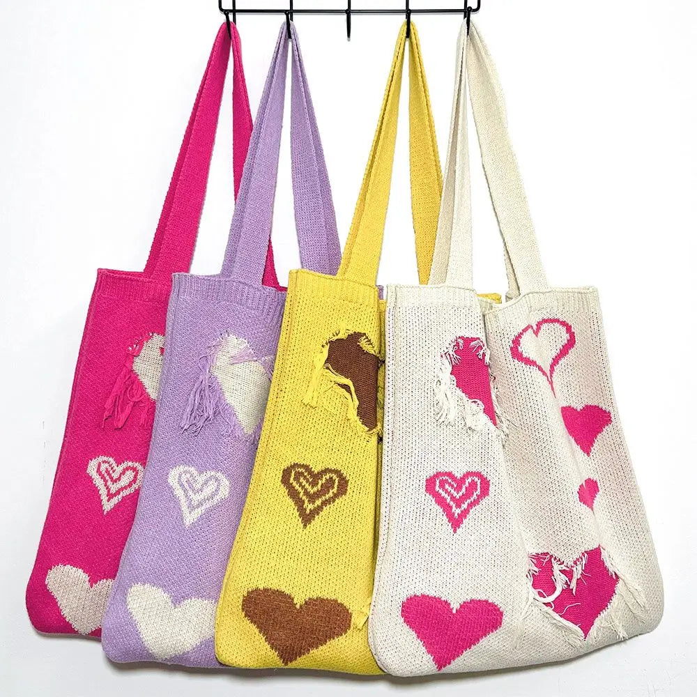 Heart Print Crochet Hobo Knitting Handbags Totes Shoulder Bags