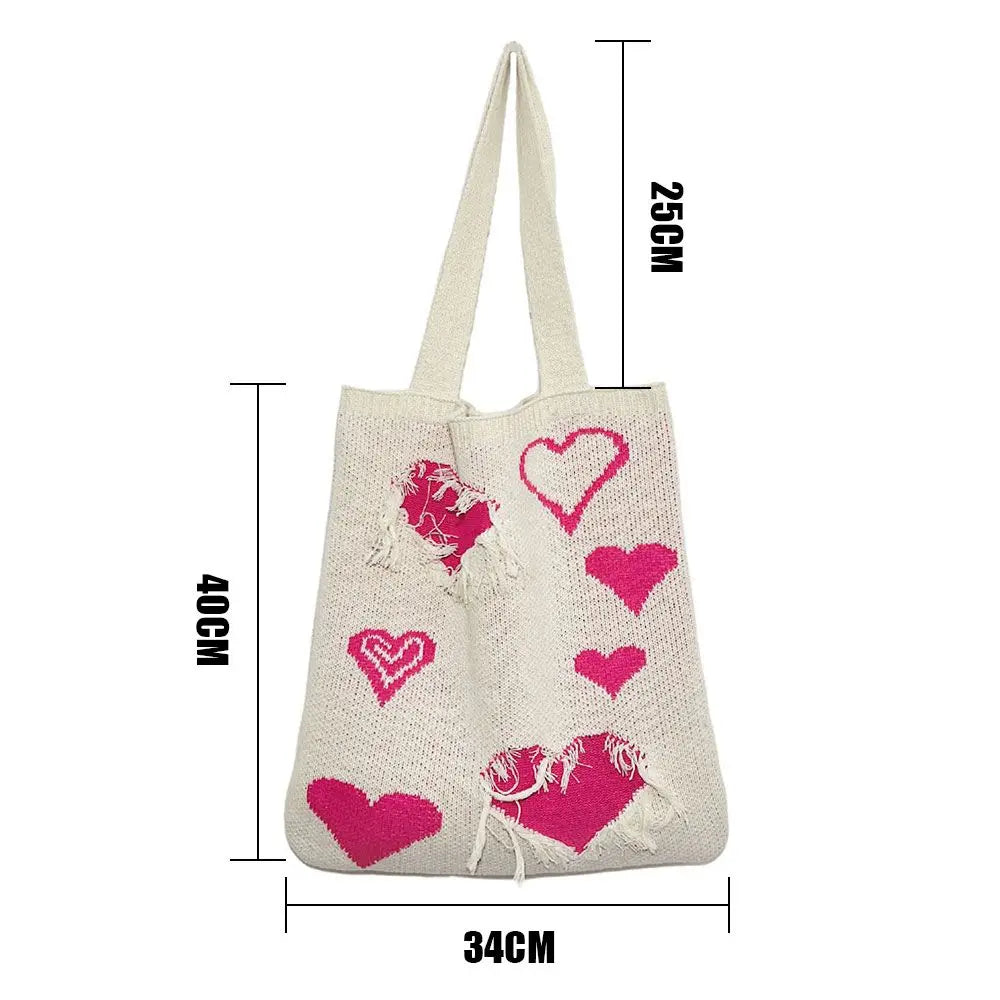 Heart Print Crochet Hobo Knitting Handbags Totes Shoulder Bags