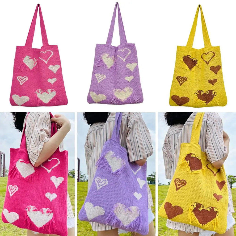 Heart Print Crochet Hobo Knitting Handbags Totes Shoulder Bags