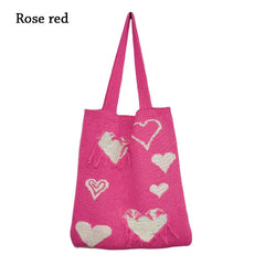 Heart Print Crochet Hobo Knitting Handbags Totes Shoulder Bags