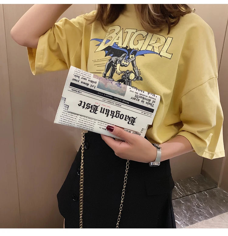 Women Envelope Messenger Bag Clutch with Chain Print PU Single