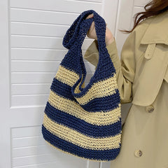 Women Messenger Bag Straw Weave Casual Travel Tote Hollow Striped Large Capacity