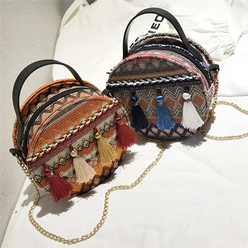 Bohemian Tassel Geometric Plaid Messenger Bag