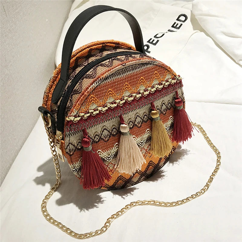 Bohemian Tassel Geometric Plaid Messenger Bag