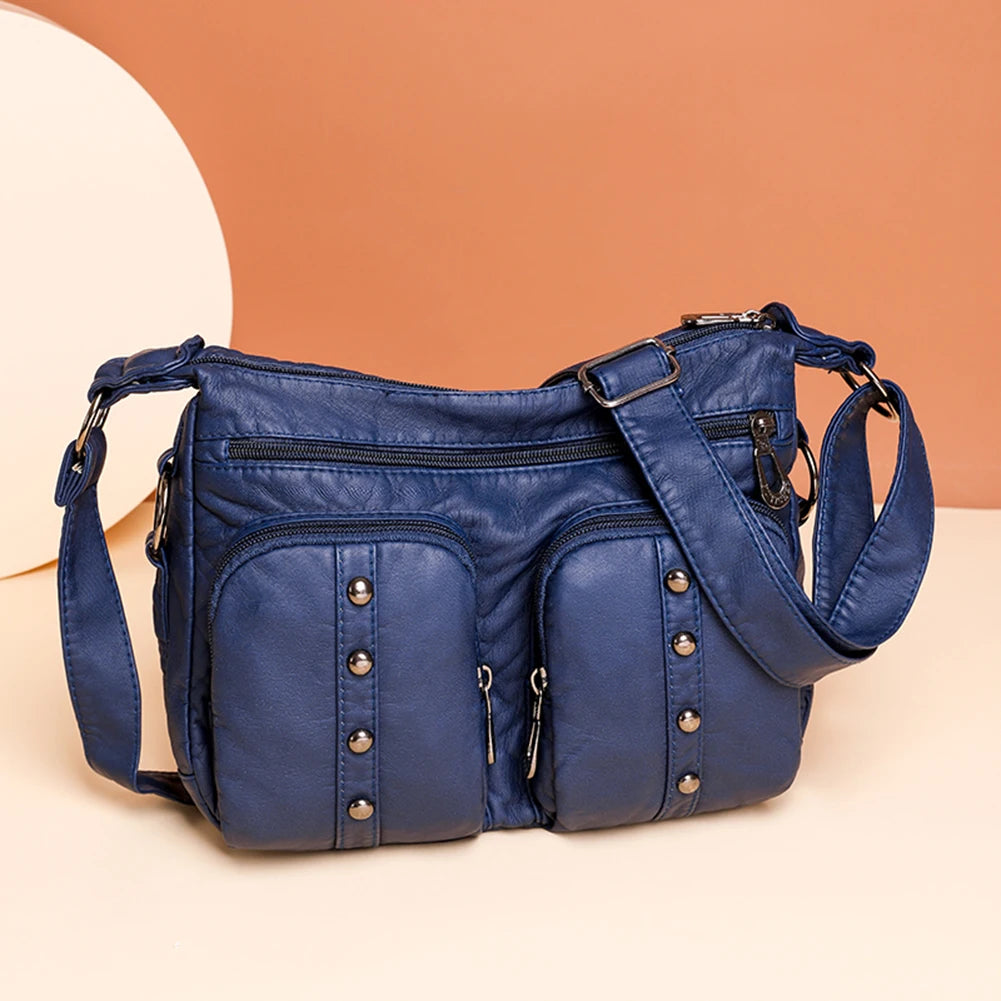 Women Messenger Bag Soft Leather Tote Multi-pocket Adjustable Strap