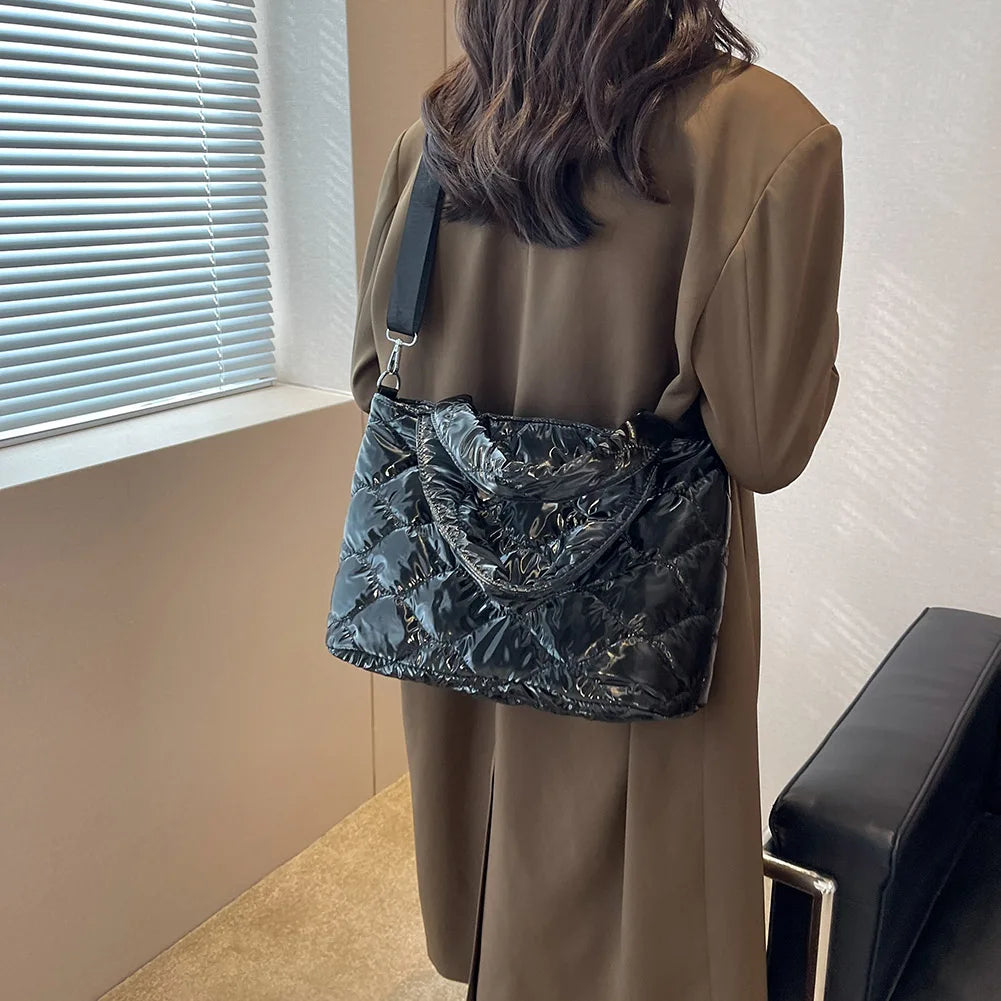 Winter Quilted Women Messenger Bag Nylon Top-handle Tote