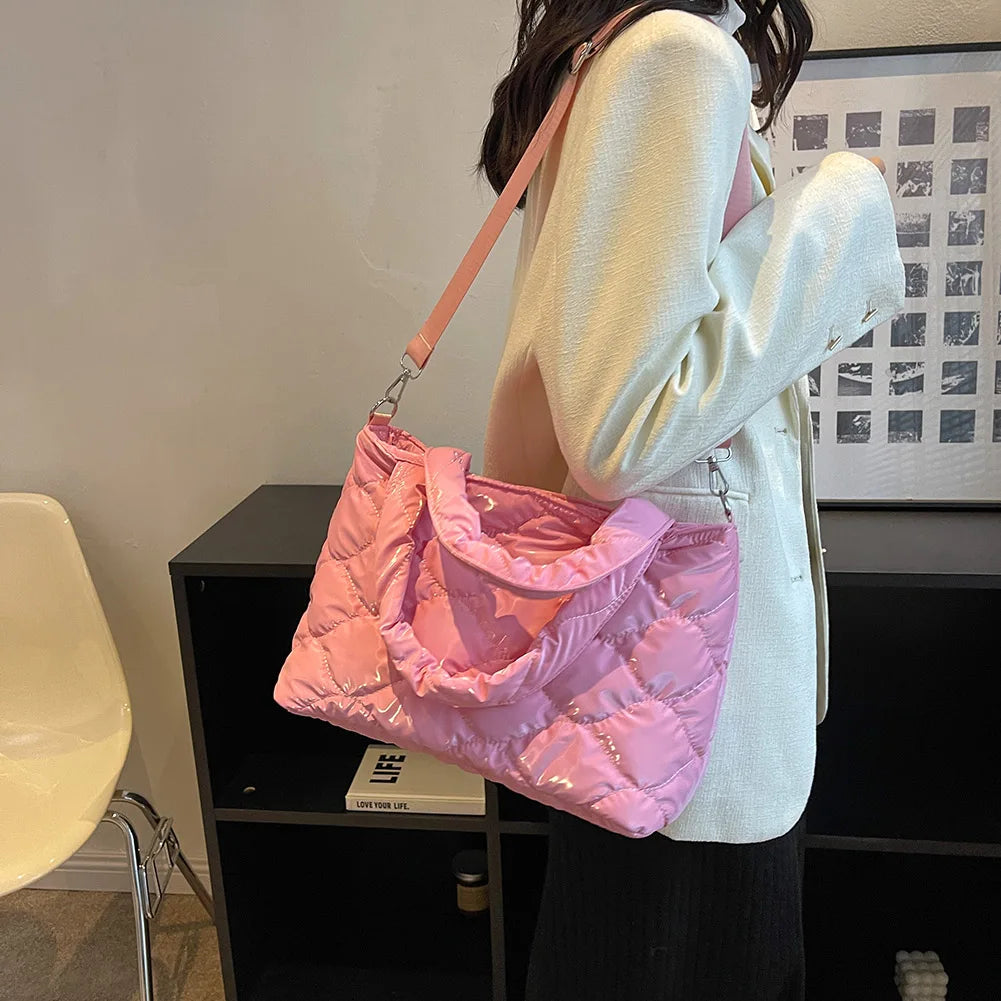 Winter Quilted Women Messenger Bag Nylon Top-handle Tote