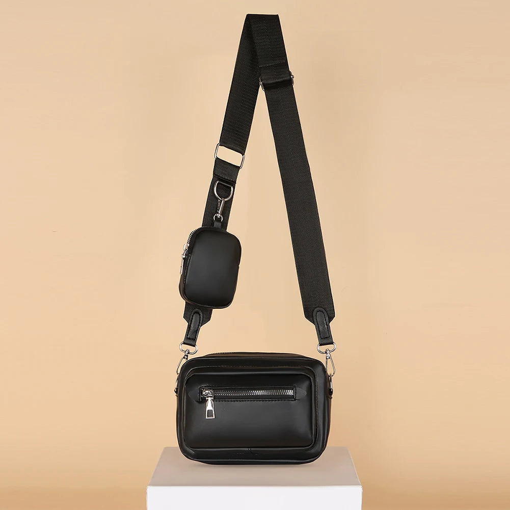 Women Messenger Handbag Leather Shoulder Tote Bag Zipper Square with Small Purse
