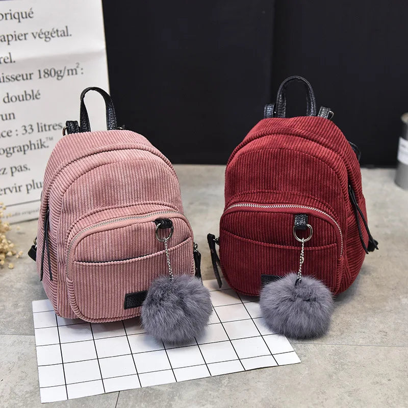 Corduroy Crossbody Backpack Striped Soft Fabric Shoulder Bag for Teen Girl