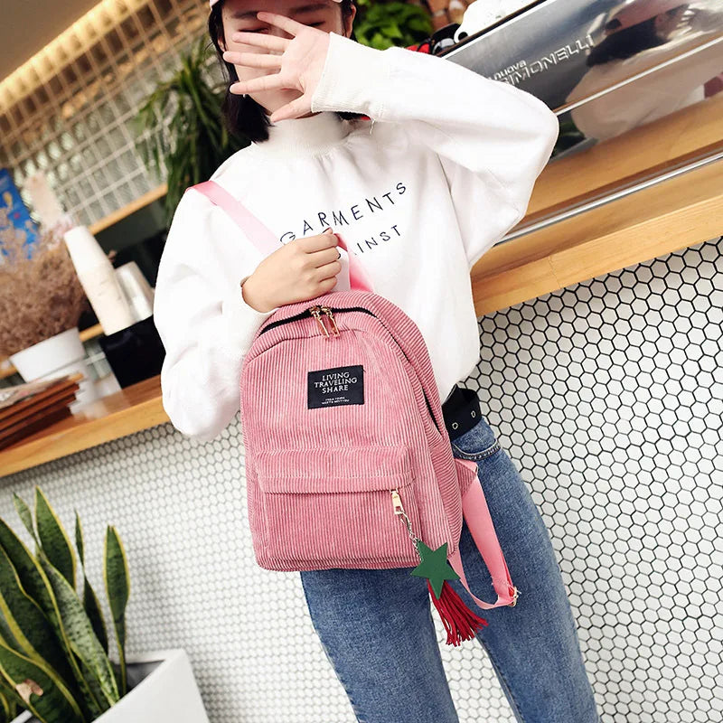 Women Corduroy Mini Backpack Soft Canvas Shoulder Bag