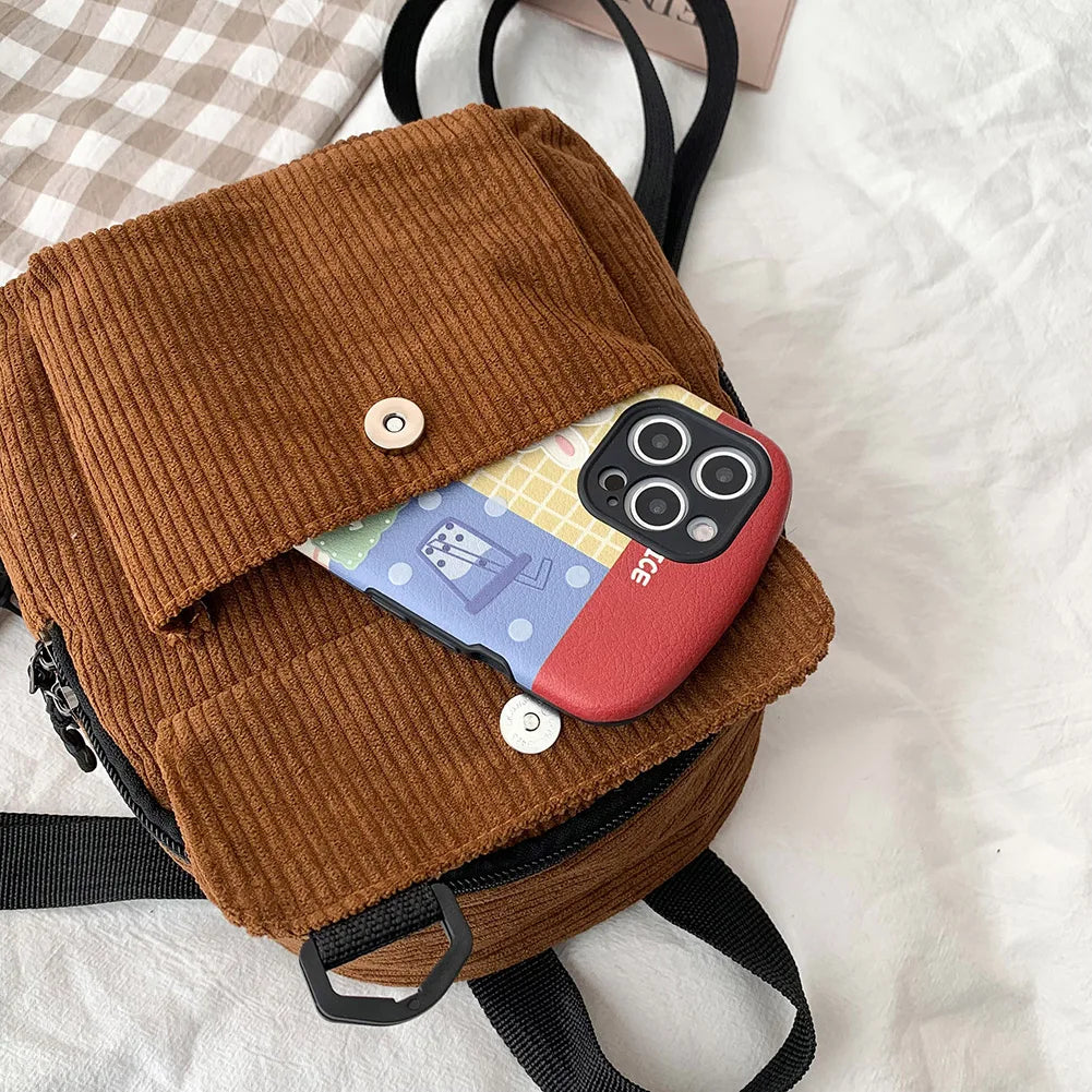 Mini Corduroy Backpack Preppy Style Girl Autumn Winter Small School Bag
