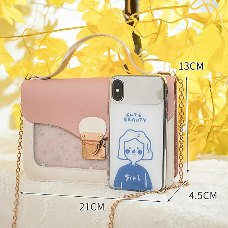 Women Small Square Pack Shoulder Bag Star Sequin Messenger Crossbody Bag Pink