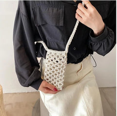 Women Small Crossbody Phone Bag Solid Hollow-out Woven Crochet Braided Shoulder