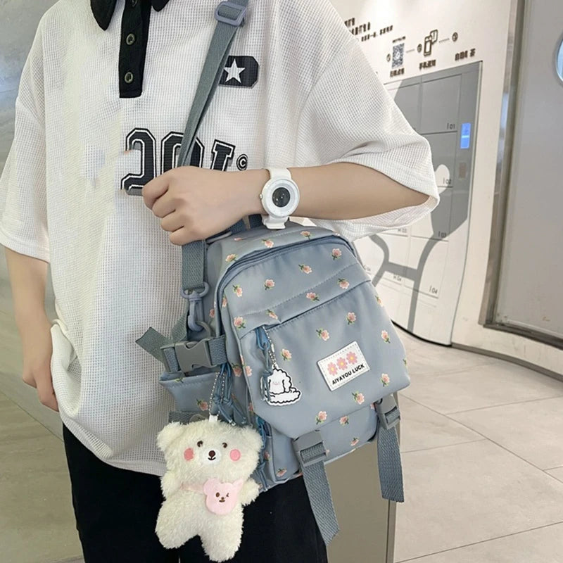Women Nylon School Backpack with Pendant Pin