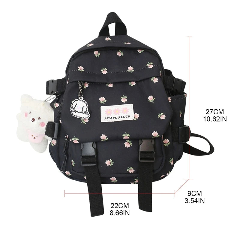 Women Nylon School Backpack with Pendant Pin