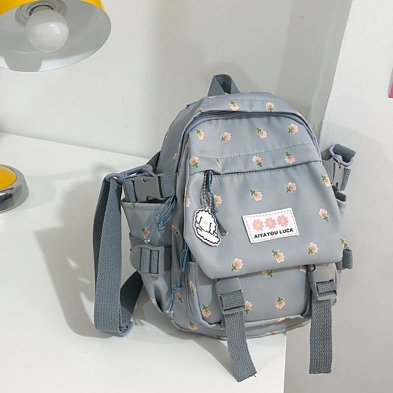 Women Nylon School Backpack with Pendant Pin