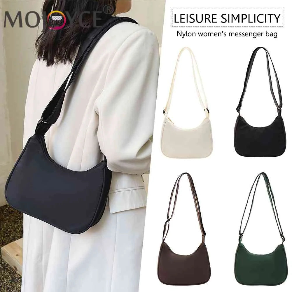 Women Nylon Small Shoulder Bag Lady Zipper Crescent Handbag