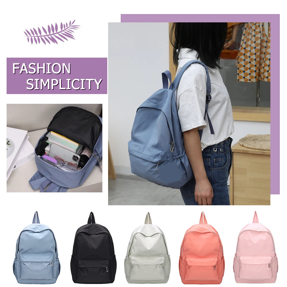 Women Nylon Zipper Backpack Preppy Style Solid School Knapsacks Girls Large