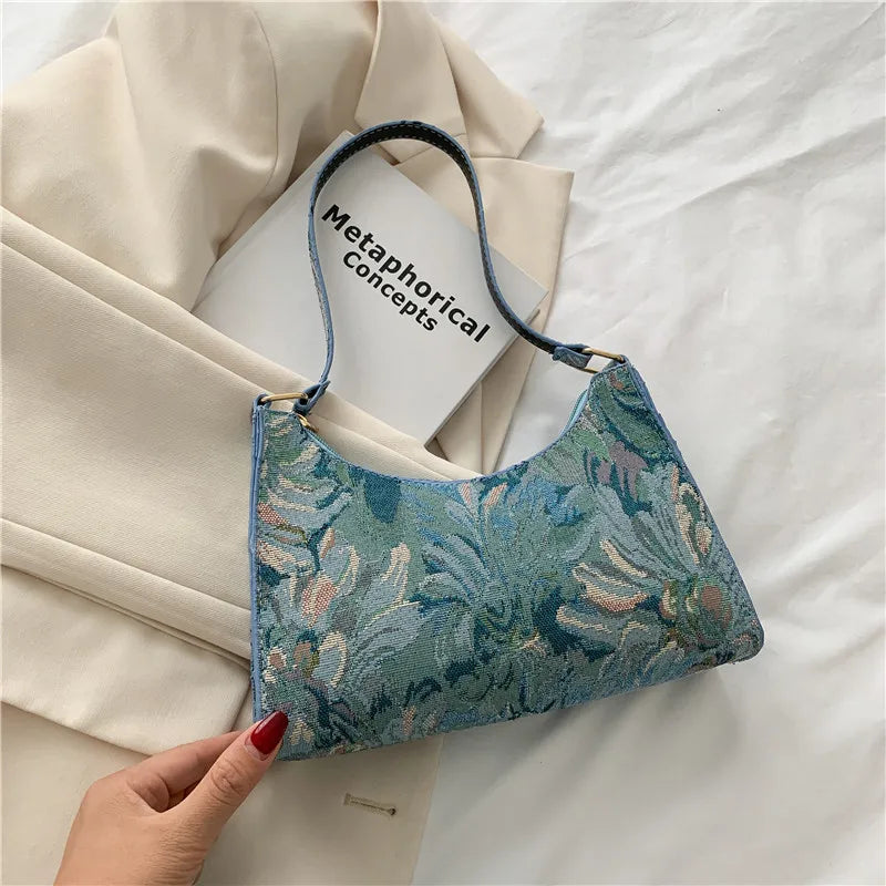 Women Oil Painting Printed Shoulder Underarm Bag Ladies Small Purse Handbags