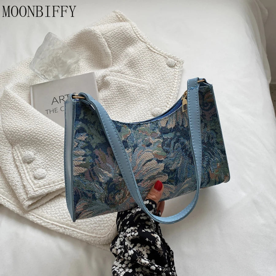 Women Oil Painting Printed Shoulder Underarm Bag Ladies Small Purse Handbags