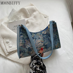 Women Oil Painting Printed Shoulder Underarm Bag Ladies Small Purse Handbags