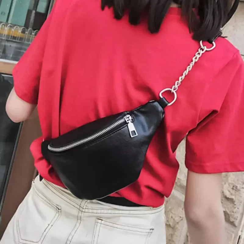 Women PU Waist Bag Chain Zipper Fanny Pack Travel Belt Purse