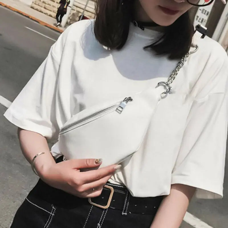 Women PU Waist Bag Chain Zipper Fanny Pack Travel Belt Purse