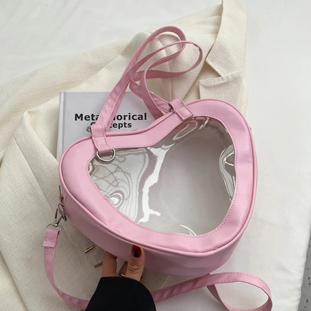 Women PVC Shoulder Bag Love Heart Shaped Tote Purse Handbag for Traveling