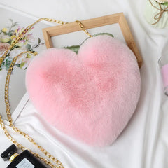 Women Peach Heart Bag Faux Rabbit Fur Heart-Shaped Love Bag
