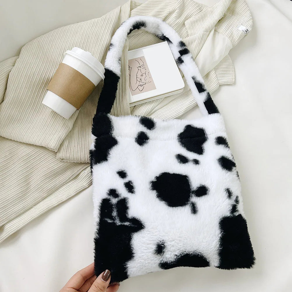 Women Plush Bag Shoulder Bags Animal Pattern Print Shopper Bag
