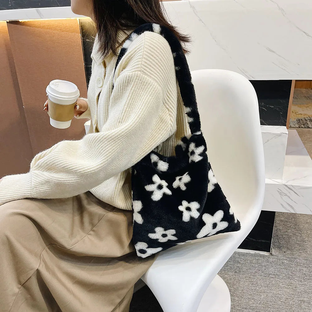 Women Plush Bag Shoulder Bags Animal Pattern Print Shopper Bag
