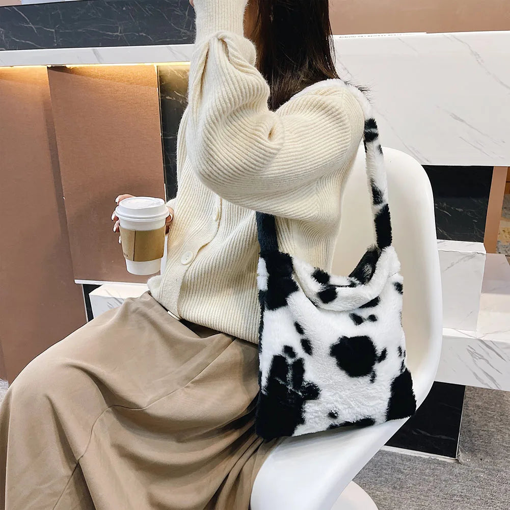 Women Plush Bag Shoulder Bags Animal Pattern Print Shopper Bag