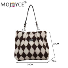 Women Plush Faux Fur Checkerboard Top-handle Bag