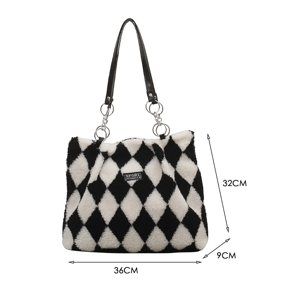 Women Plush Faux Fur Checkerboard Top-handle Bag
