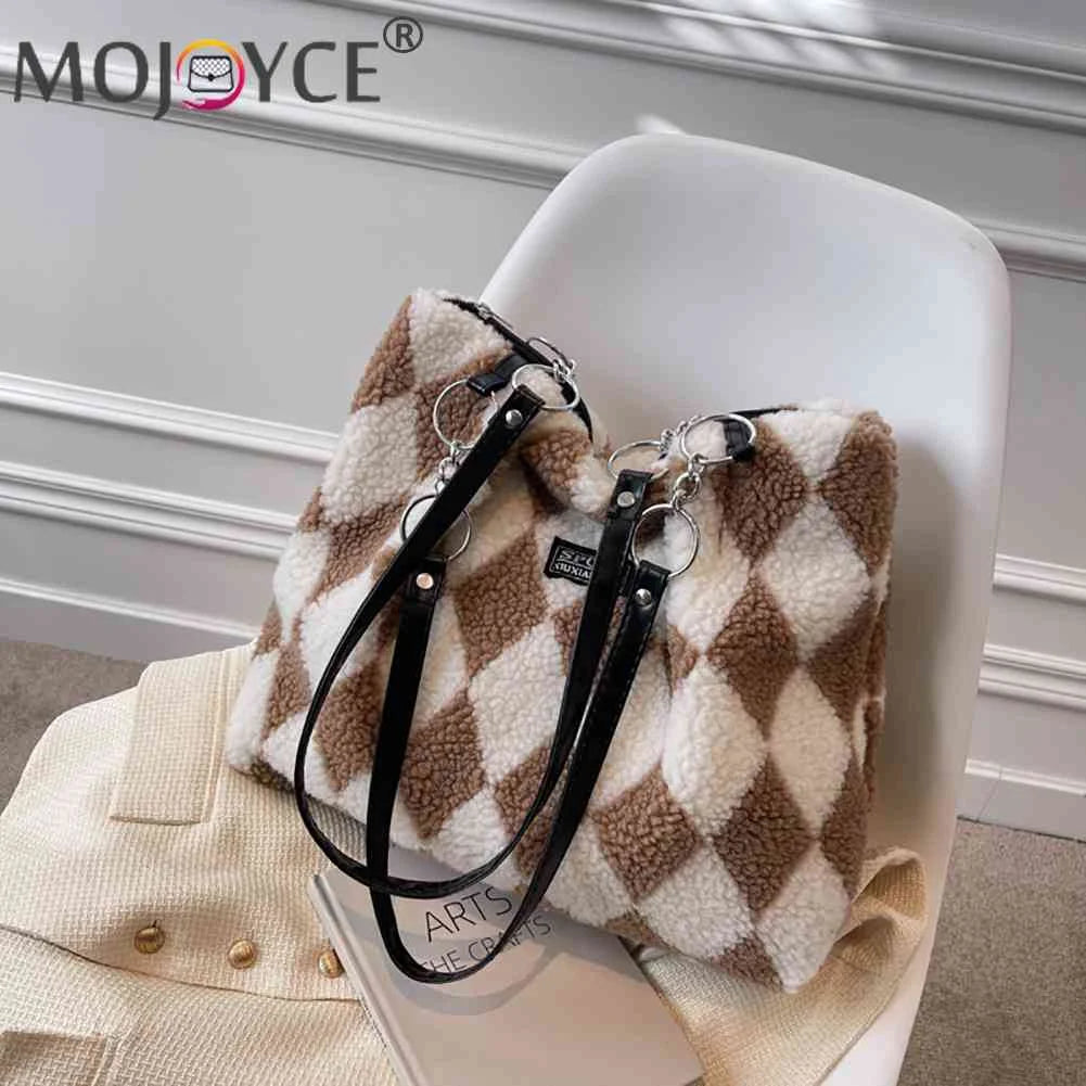 Women Plush Faux Fur Checkerboard Top-handle Bag