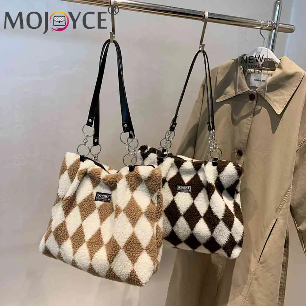 Women Plush Faux Fur Checkerboard Top-handle Bag