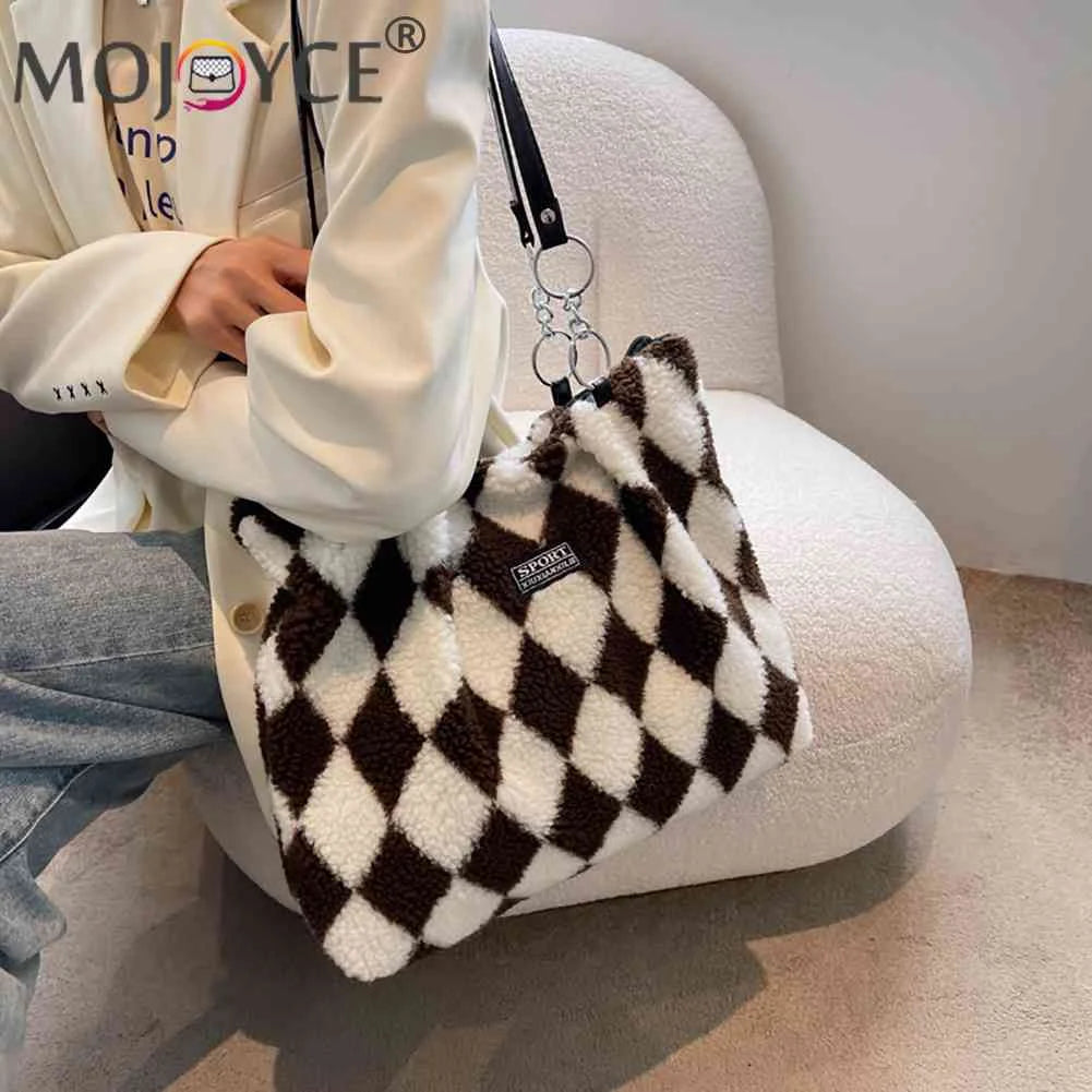 Women Plush Faux Fur Checkerboard Top-handle Bag