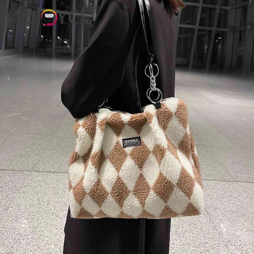 Women Plush Faux Fur Checkerboard Top-handle Bag
