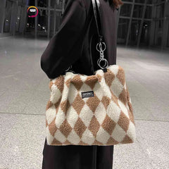 Women Plush Faux Fur Checkerboard Top-handle Bag