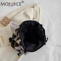 Women Plush Faux Fur Checkerboard Top-handle Bag
