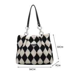 Women Plush Faux Fur Checkerboard Top-handle Bag