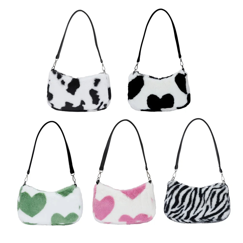 Women Plush Faux Fur Cow Pattern Messenger Bag Autumn Lady Small Shoulder Bag