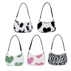 Women Plush Faux Fur Cow Pattern Messenger Bag Autumn Lady Small Shoulder Bag