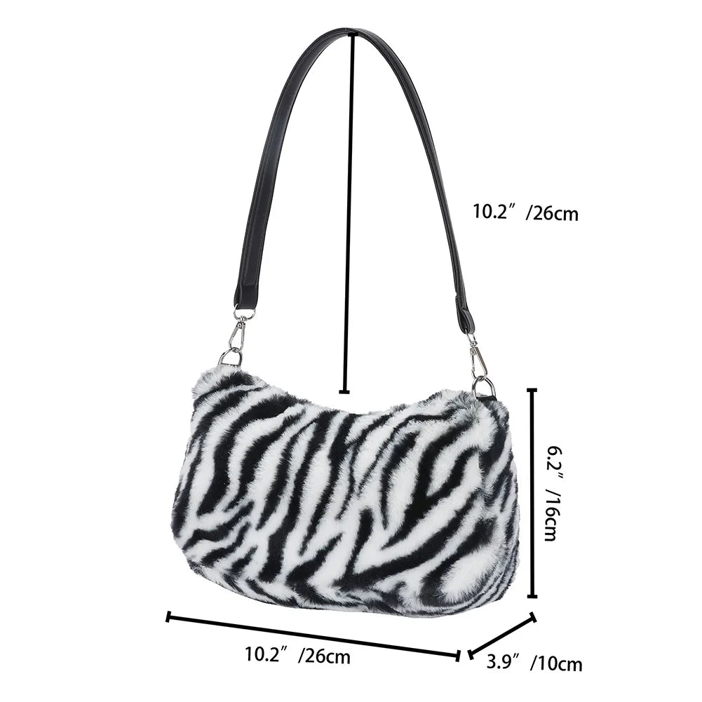 Women Plush Faux Fur Cow Pattern Messenger Bag Autumn Lady Small Shoulder Bag