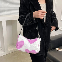Women Plush Faux Fur Cow Pattern Messenger Bag Autumn Lady Small Shoulder Bag