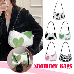 Women Plush Faux Fur Cow Pattern Messenger Bag Autumn Lady Small Shoulder Bag