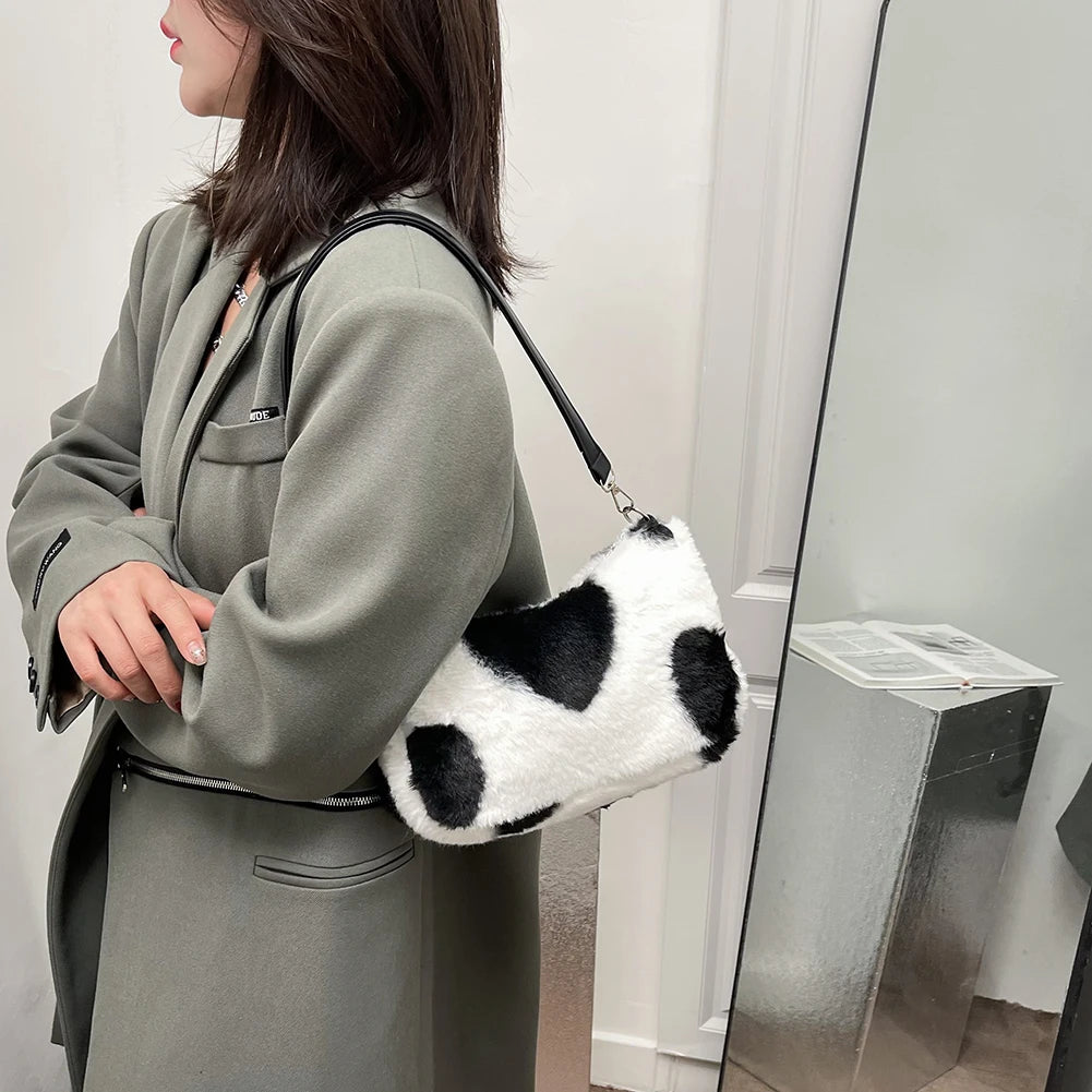 Women Plush Faux Fur Cow Pattern Messenger Bag Autumn Lady Small Shoulder Bag