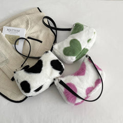 Women Plush Faux Fur Cow Pattern Messenger Bag Autumn Lady Small Shoulder Bag